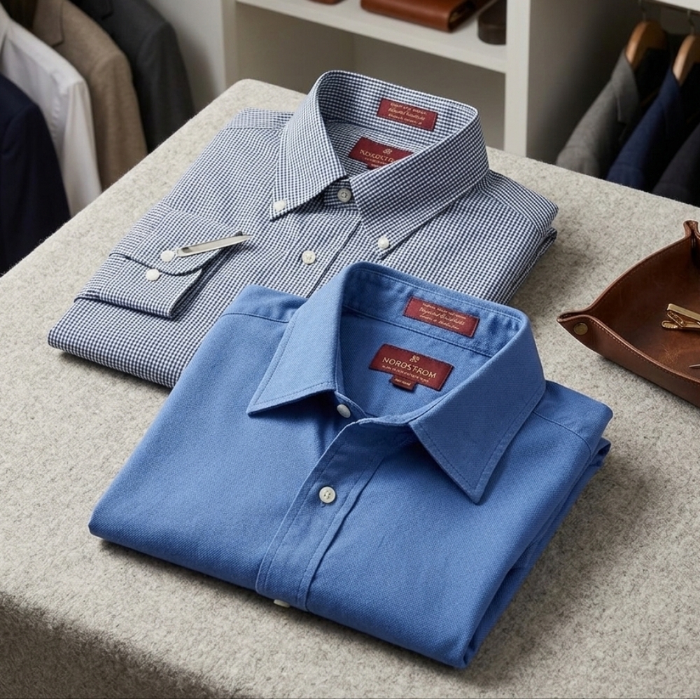 Nordstrom 18 34 Button Down Shirt Bundle Gingham Check and Solid Blue Set of 2